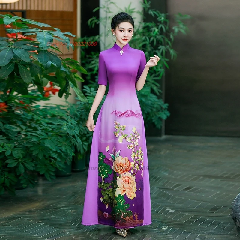 2026 vietnam traditional aodai dress chinese improved qipao national flower print cheongsam dress retro evening banquet dress