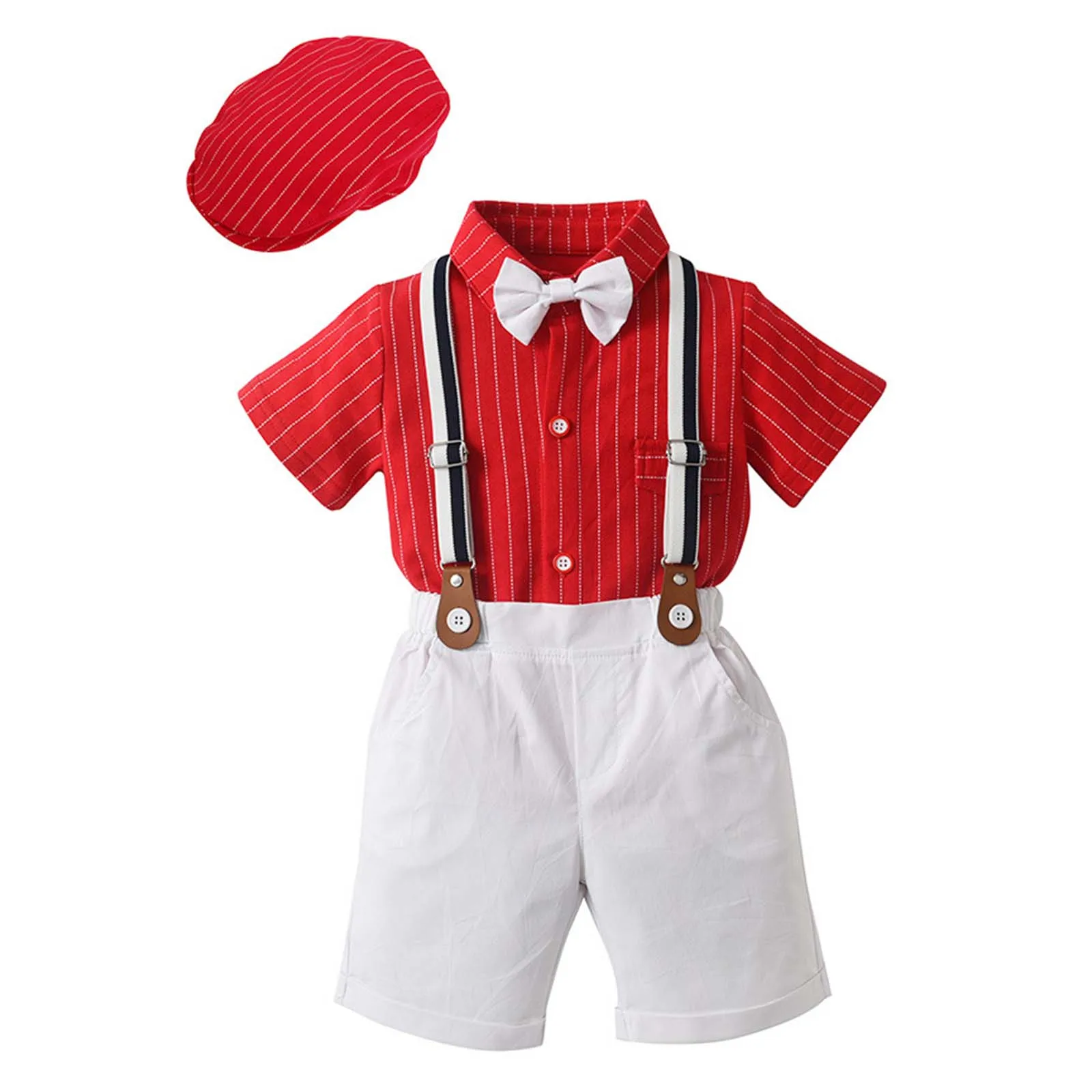 Baby Boys Summer Gentlemen Suit Short Sleeve Lapel Striped Shirt Romper with Bowtie Suspender Shorts Hat Toddler Kids Clothing