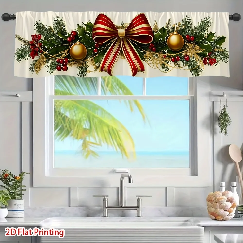 

Одиночный рождественский венок с бантом, штор с 2D плоским принтом, с карманом для стержня для простой настройки, идеально подходит для офиса
