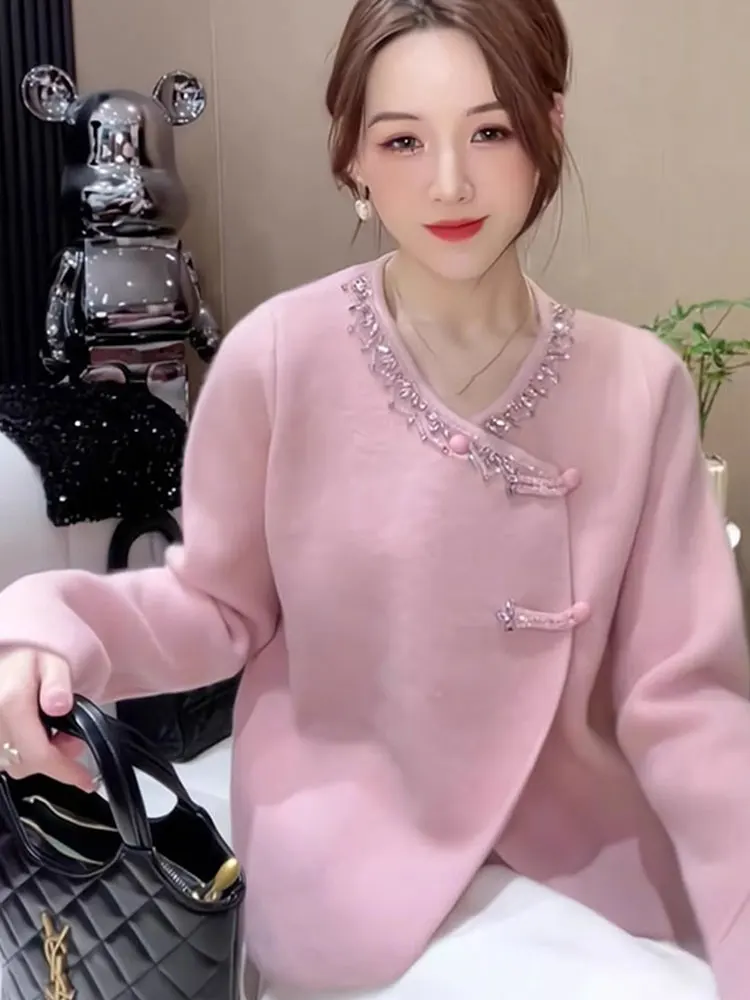 

Faionable Pure Color Long Sve Sweater Jaet Button Design Casual Sle Korean Version Poem Art Lin Women's Camere Kni...