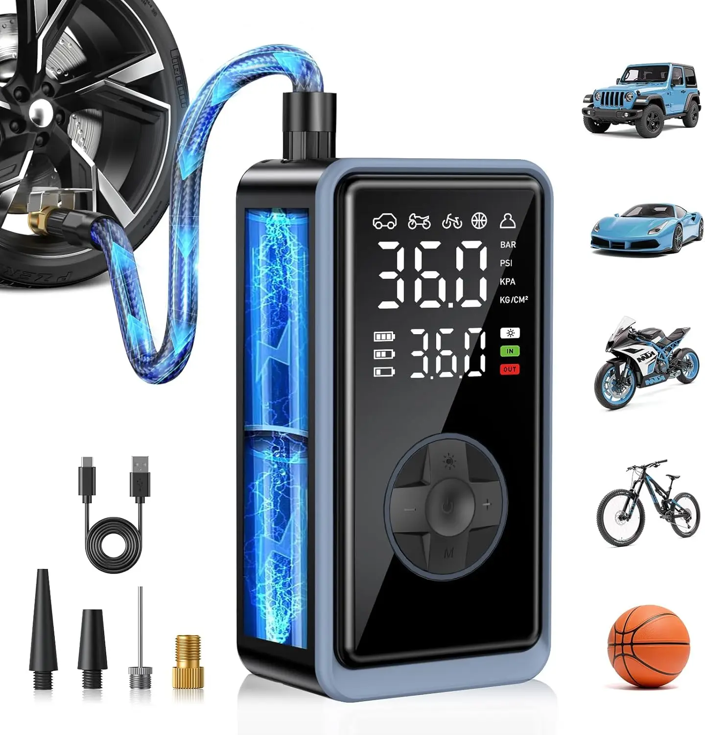 

Portable Tire Inflator, Cordless Air Compressor with Gauge & Light for Car Bike Motorcycle, Up to 150PSI