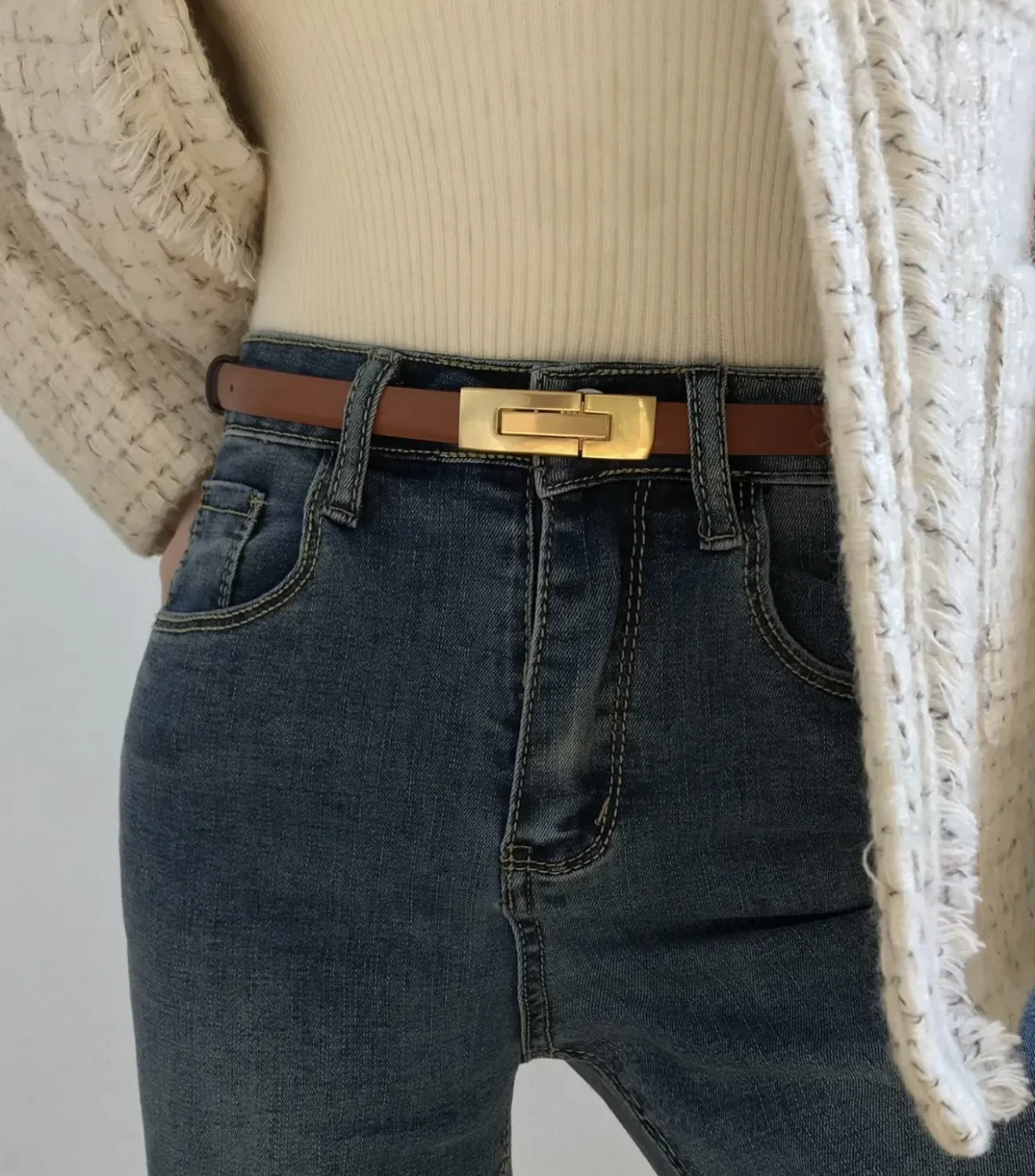 Women Thin Leather Belt Adjustable Slide Square Metal Buckle Skinny Waist Belt Simple Elegant Decorative Girdle For Dress Jeans