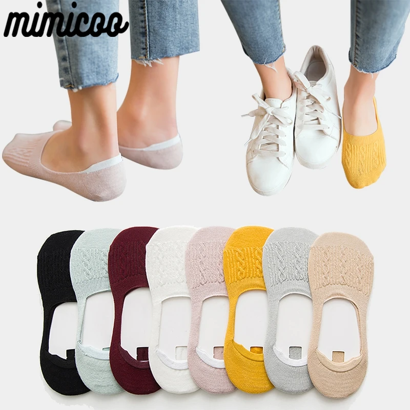 5 Pairs Women Cotton Low Cut Socks Solid Snowflake Softable Summer Silicone Non-slip Deep Mouth Prevent Heel Loss Slipper Socks