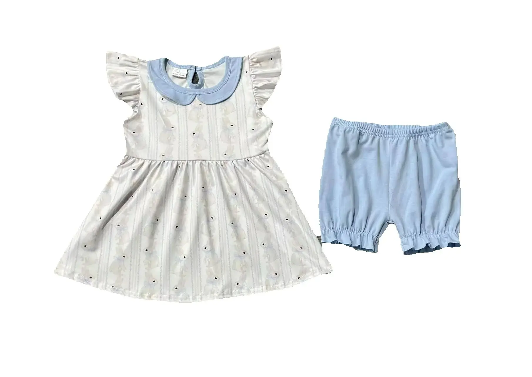 Wholesale Baby Kids Easter Clothing Children Infant Short Sleeves Rabbits Bows Tunic Shorts Outfit Girl Set Toddler Clothes