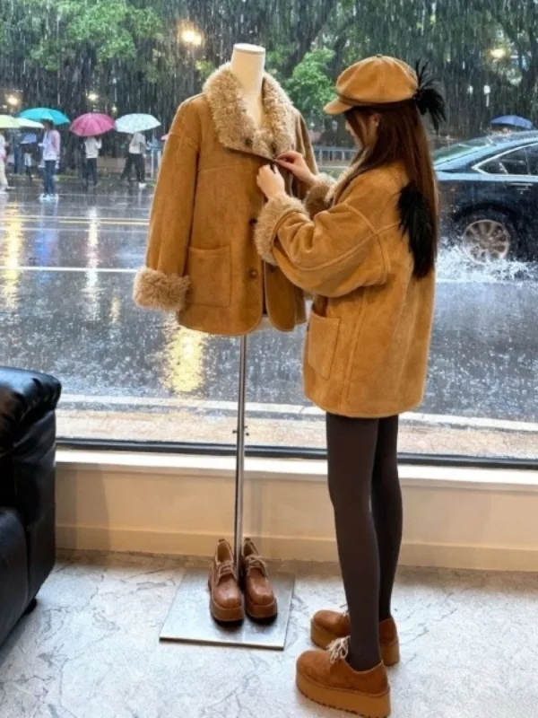 

Retro Faion ort Lamb Fur Jaet Inteated Leather And Fur Sli Coat French Sle Stand Version Warmth Guaranteed