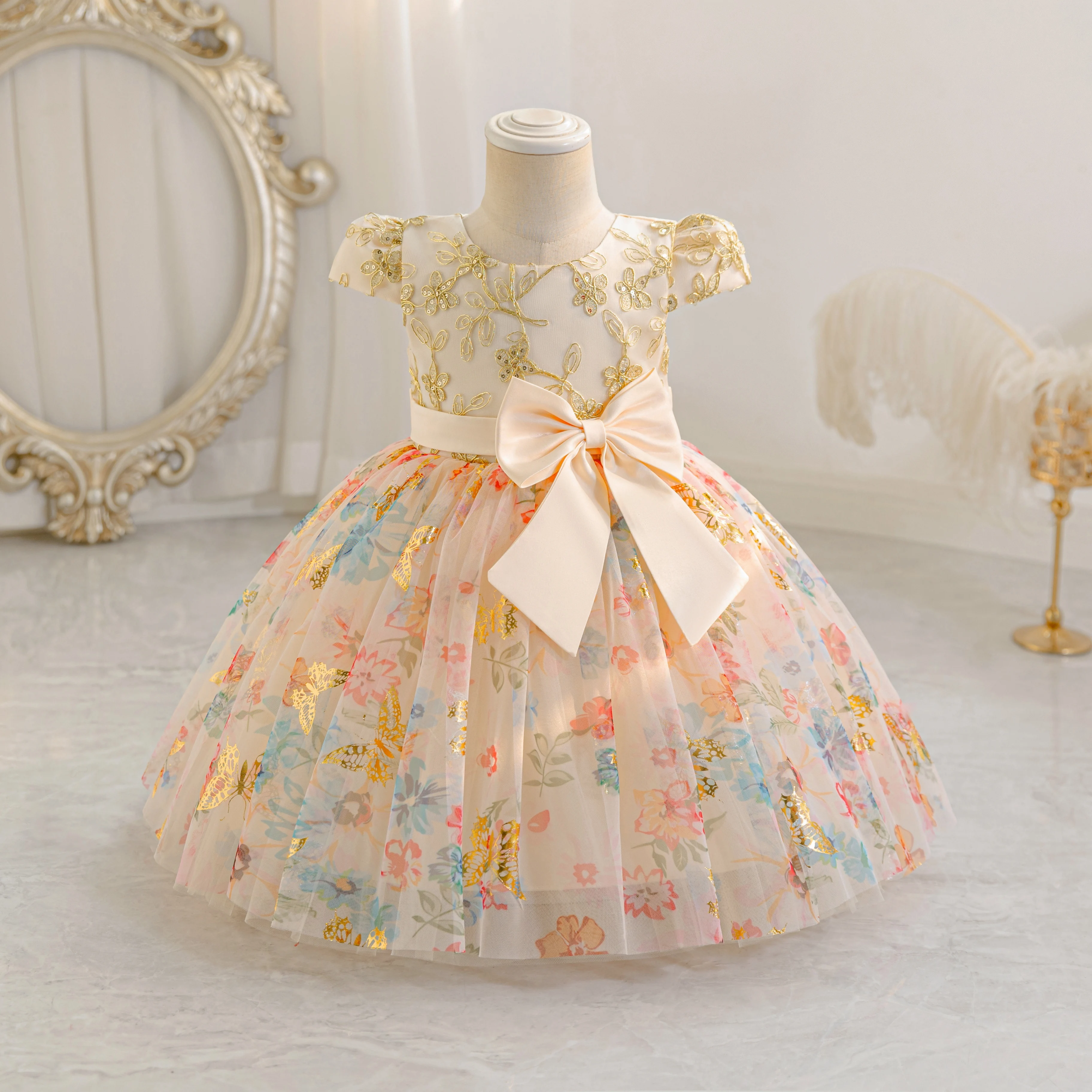 Girls' dresses, caps, sleeves, flower prints, waist dresses, children's bows, flower girl birthday costumes party dresses flower