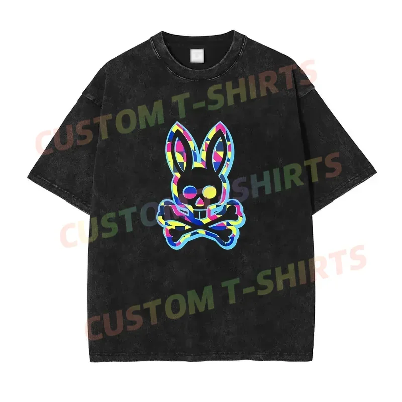 2024 Summer Vintage Cotton Washed Psycho Classic Bunnies Graphic T-Shirt Loose T Shirts Men Y2K Hip Hop Top Tee