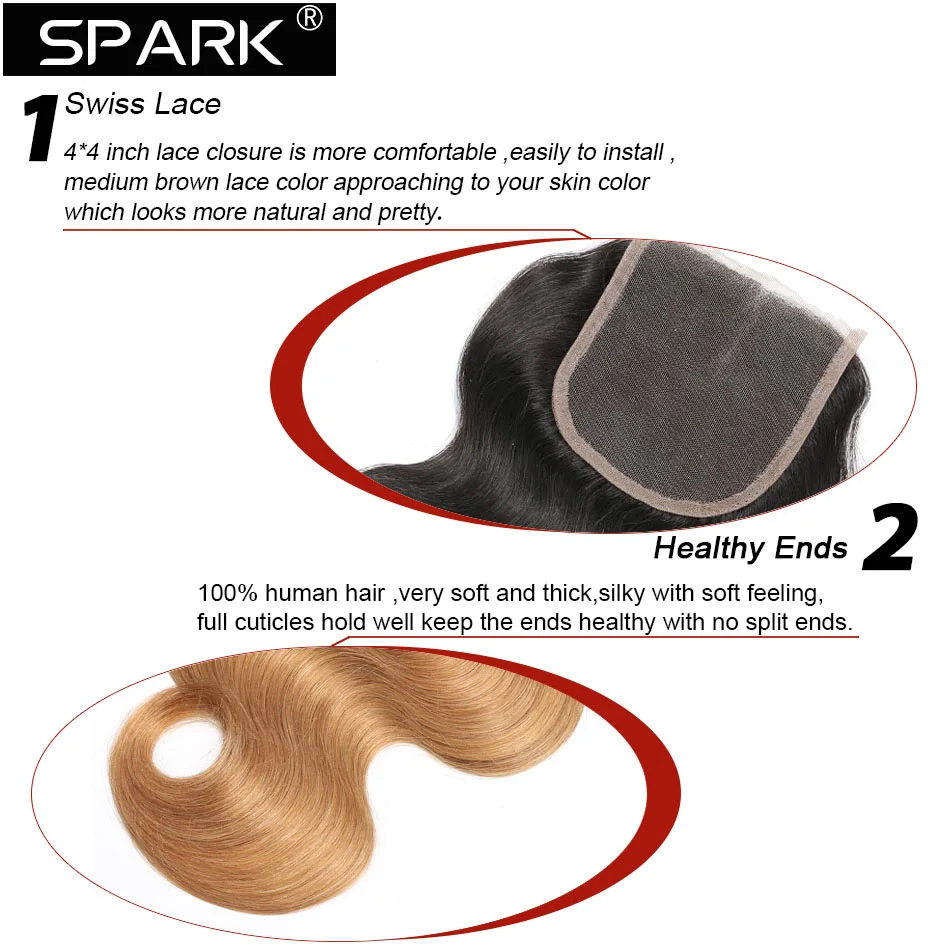 Spark Hair-Peruano Loose Body Wave Pacotes de cabelo humano com fechamento, cabelo remy para mulheres negras, cor marrom ombre