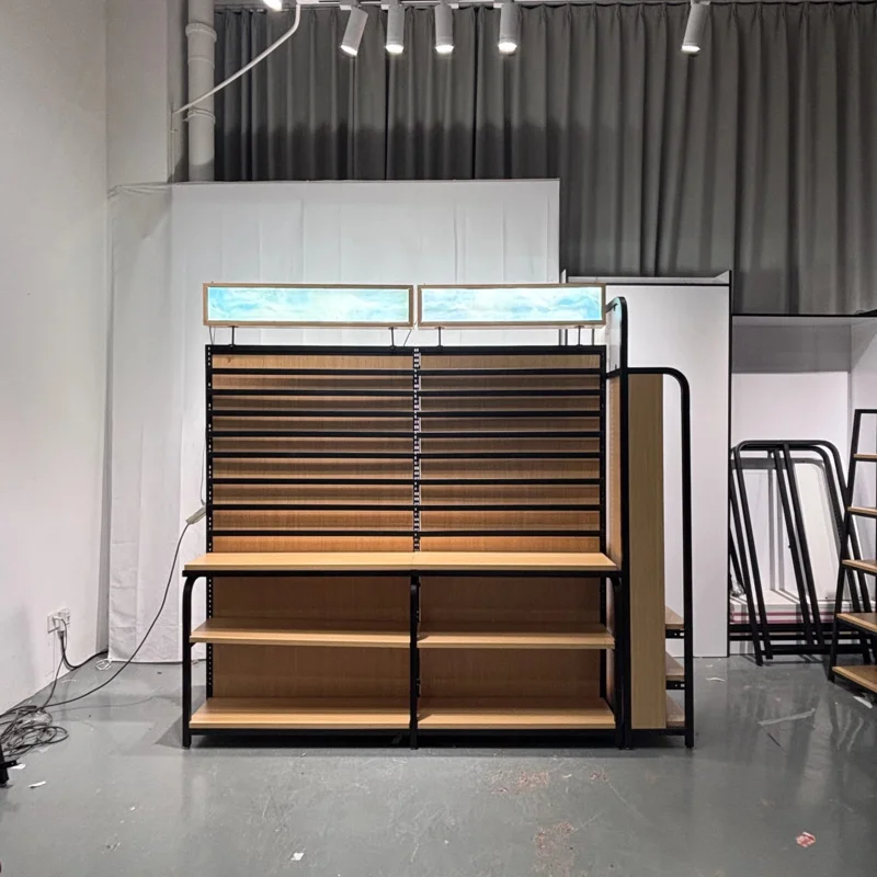 

Customize.Steel Wood Gondola Display Shelves Custom Supermarket Grocery Convenience Liquor Store Solutions