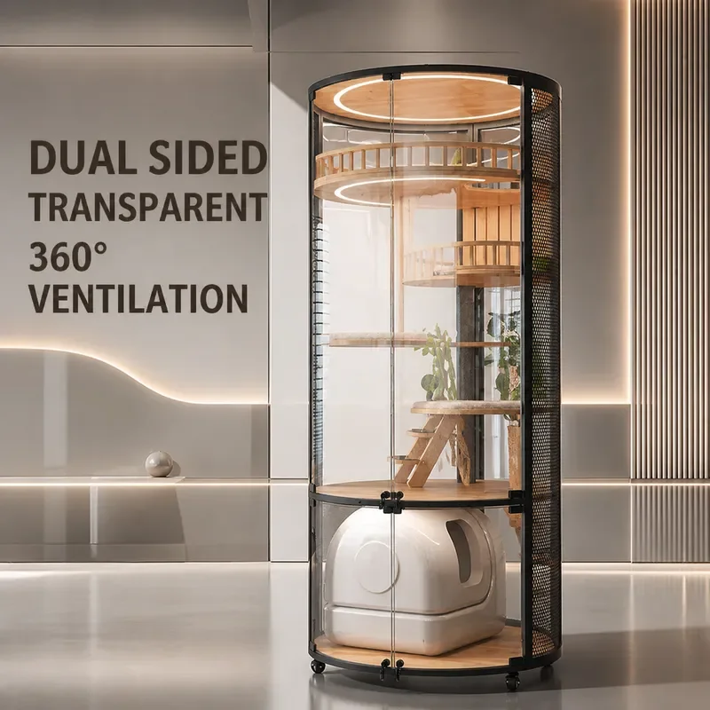 Meow Zan Luxury Large Glass Cat House Round Floating Design Solid Wood Indoor Cat Cage Four Seasons Pet Cabinet for Home