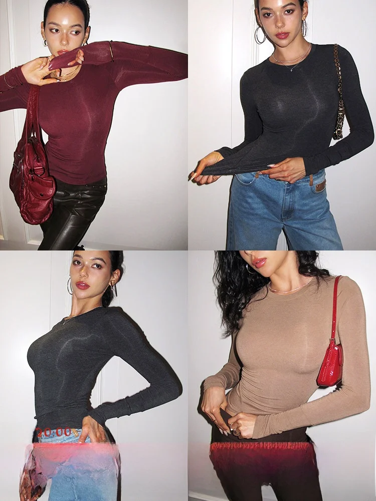 

Itsnikar Women's Slim Fit round Ne Knitwear Long Sve Base irt Pure Color Versatile Autumn Faion Commute Sle Top