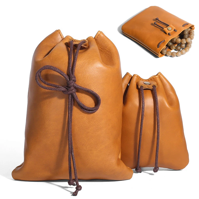 

New Vintage Cowhide Coin Purse Men Women Drawstring Money Pouch Genuine Leather Casual Small Coin Wallet Card Key Storage Bag