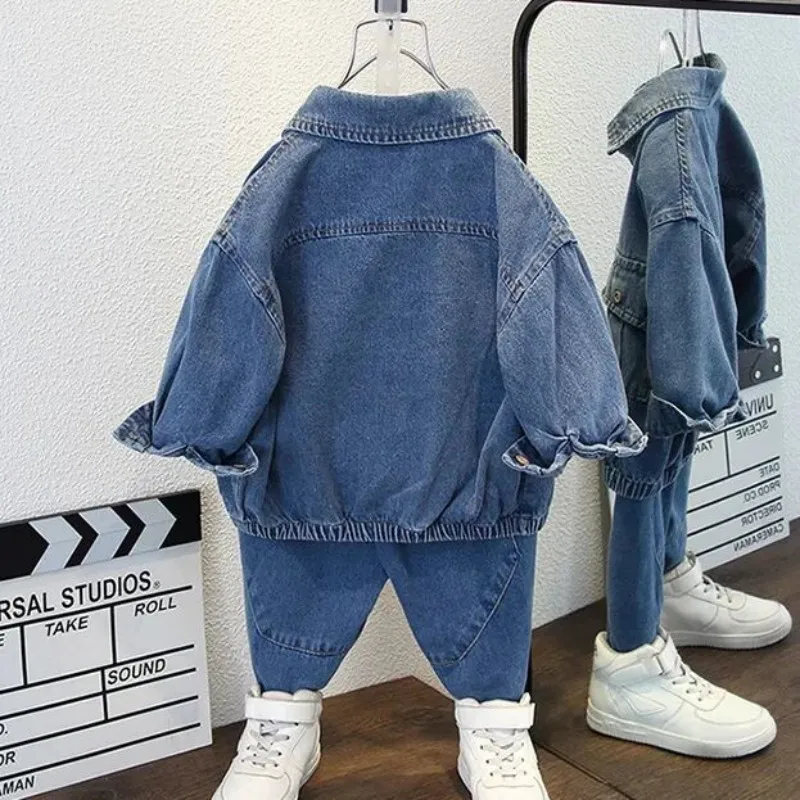 Meninos primavera denim conjunto nova versão coreana meninos roupas bonitas primavera e outono crianças moda jaqueta calça conjunto de duas peças