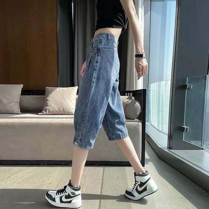 

2026 Summer Women's Loose Thin Jeans for Pear Shape Trousers Straight Leg Capri Mid Length Casual