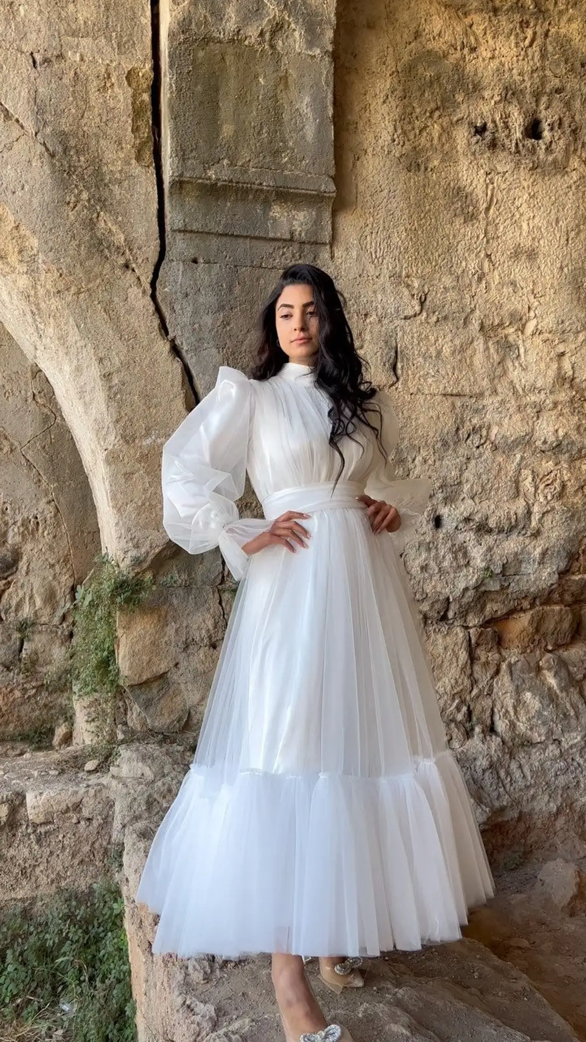 White Wedding Dresses Tulle Ankle Length Puffy Full Sleeves High Neck A Line Empired Waist Draped Bride Gowns Bridal Dresses