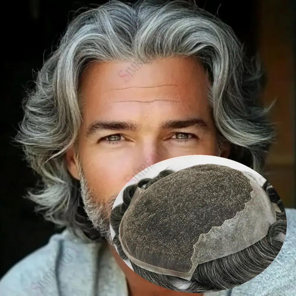 

Мужской натуральный парик-накладка с отбеленными узлами, цвет 1b80 (серо-черный), система замещения волос из натуральных человеческих волос, основа Q6, швейцарское кружево с полиуретановыми вставками