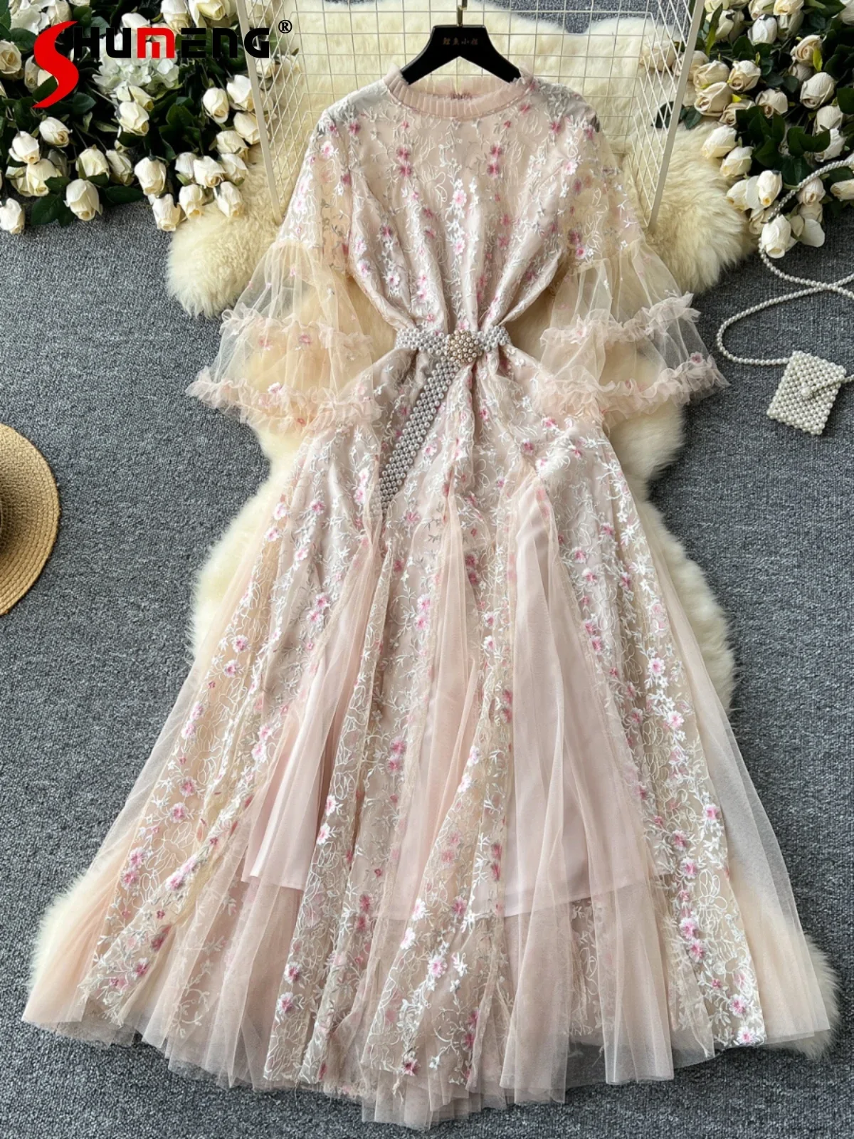 

2024 Autumn High-end Dresses Women's Fashion Embroidery Floral Mesh Gauze Dress Splicing Feminine Waist-tight Thin Pettiskirts