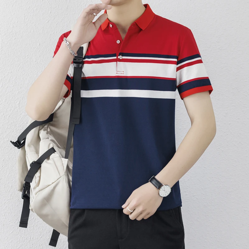 Business Casual Short Sleeve T-shirts Stylish Contrasting Colors Striped Summer New Polo-Neck Men\'s Clothing Commute Polo Shirts