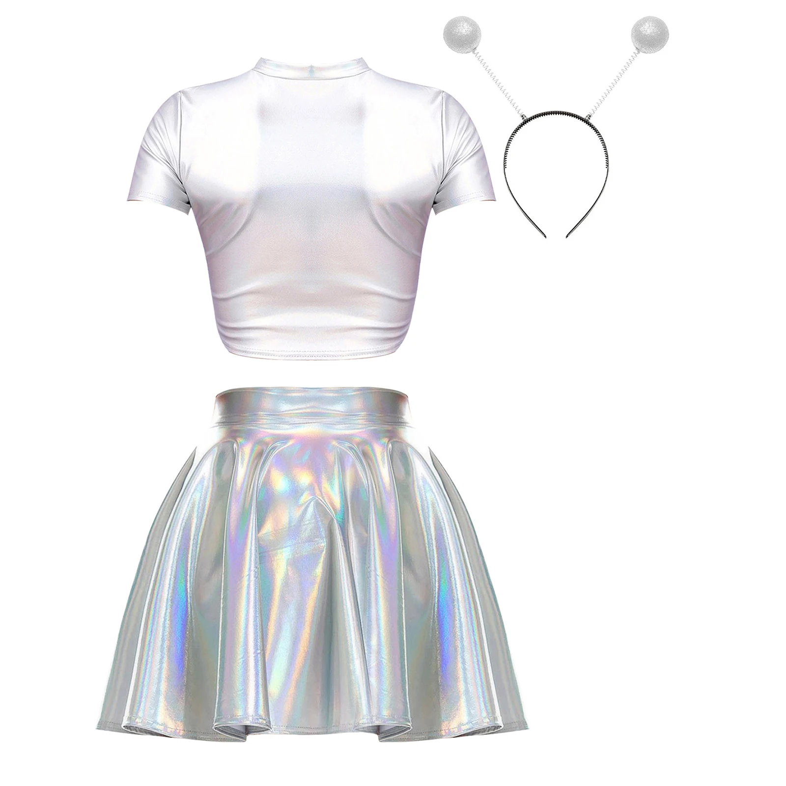 Womens Alien Costume Metallic Shiny Crop Top with Holographic Mini Skirt and Martian Headband Raves Outfit Halloween Cosplay