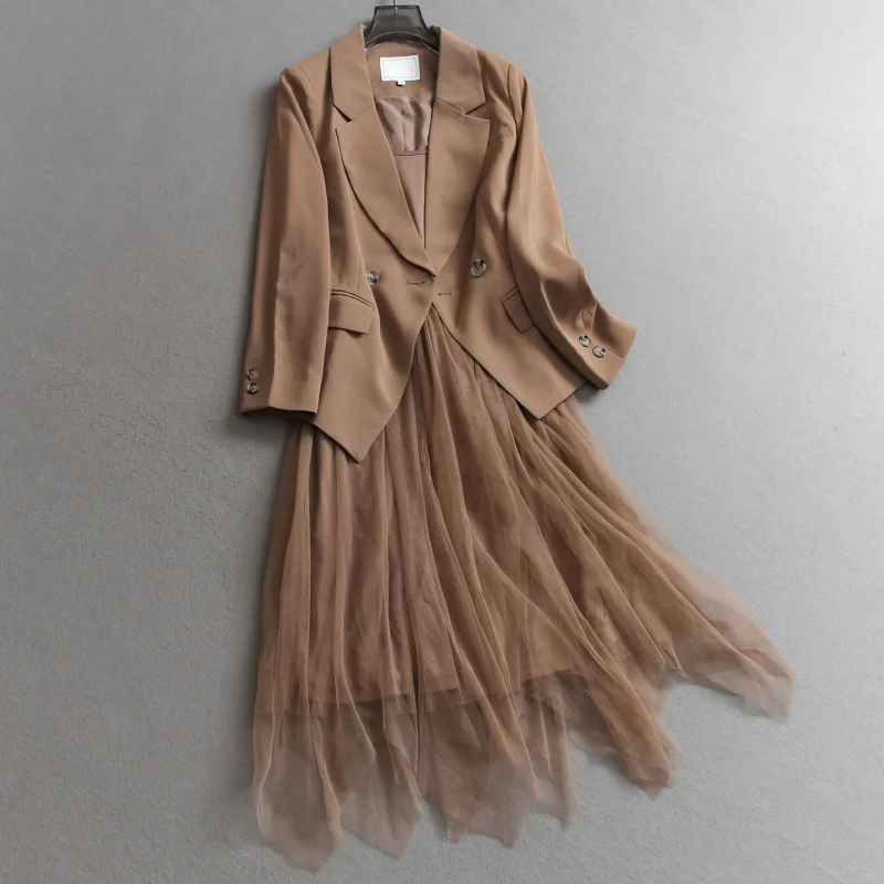 Cor sólida terno de deslocamento colarinho terno de duas peças vestido 2025 outono novo vestido de malha de manga comprida blazer roupas femininas w1325