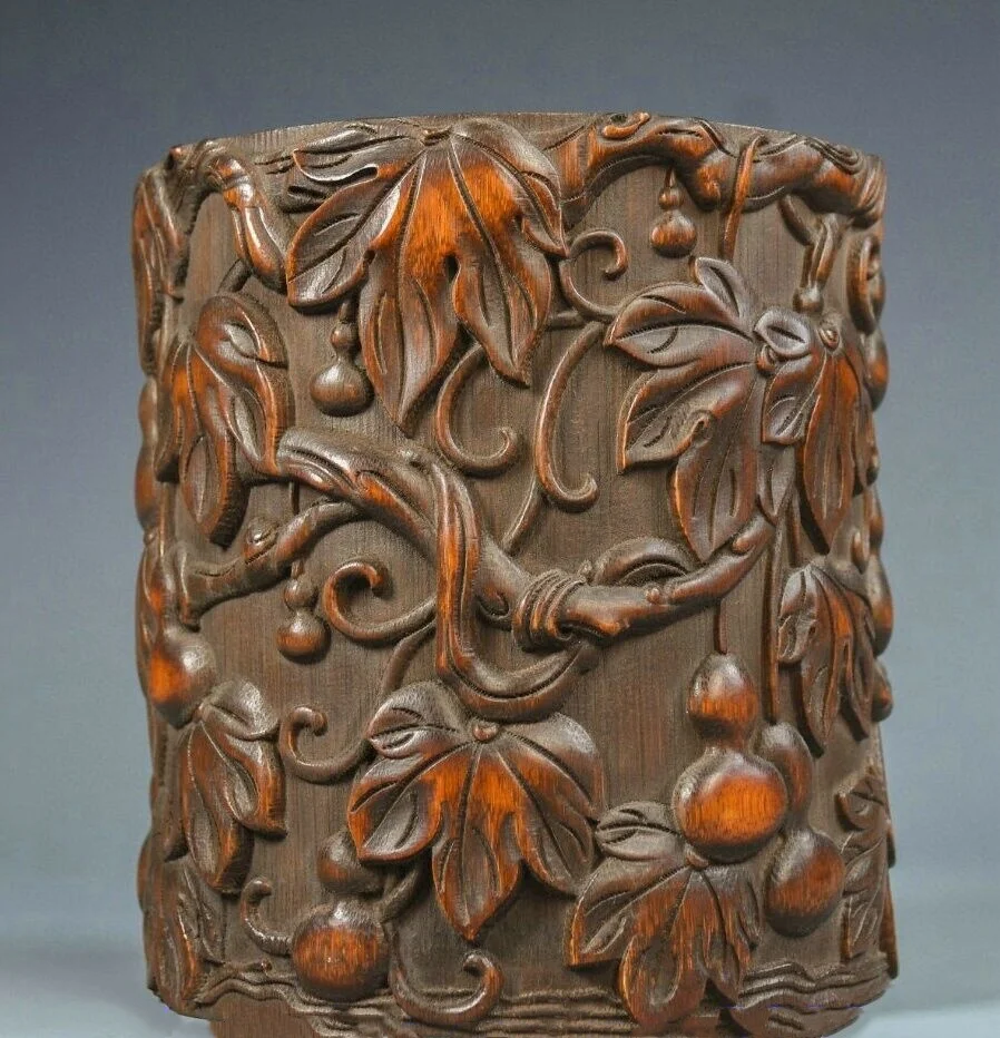 6.2' Collect Old China Natural Bamboo Carved Gourd Calabash Brush Pot Pencil Vase