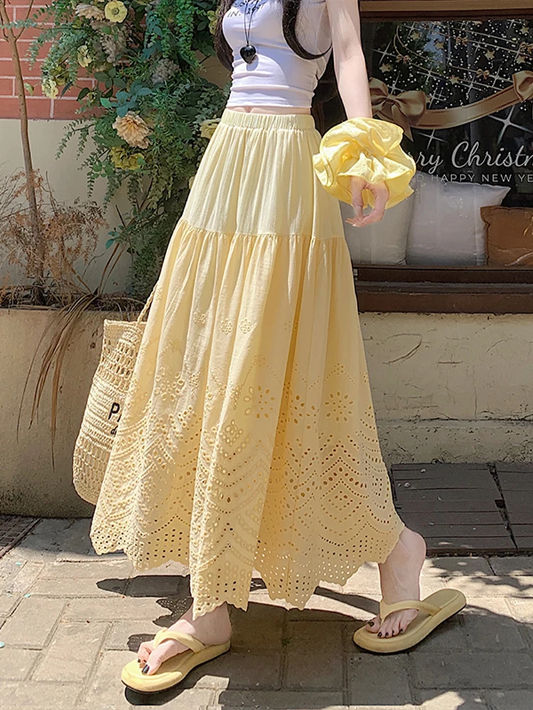 

Легкая женская юбка трапециевидной формы с французской вышивкой, вязаная крючком, летние однотонные расклешенные юбки-зонтики средней длины с эластичной резинкой на талии