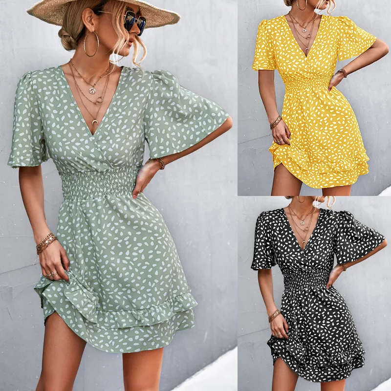 New Spring/Summer Fashion, Elegance, Leisure Commuting Print, Slim Fit, Sexy V-neck, Lotus Leaf Sleeves, Waist Wrap Dress