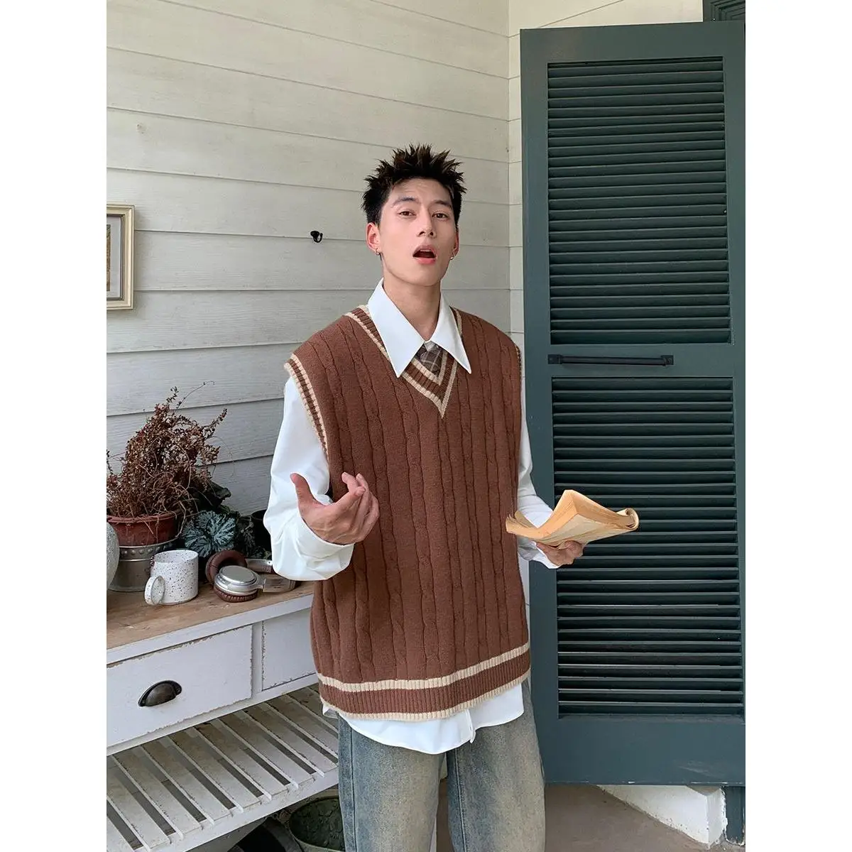 

Holocene американский ретро вязаный жилет с v-образным вырезом осень-зима твист цвет Blo Svel майка для колледжа Sle повседневная одежда