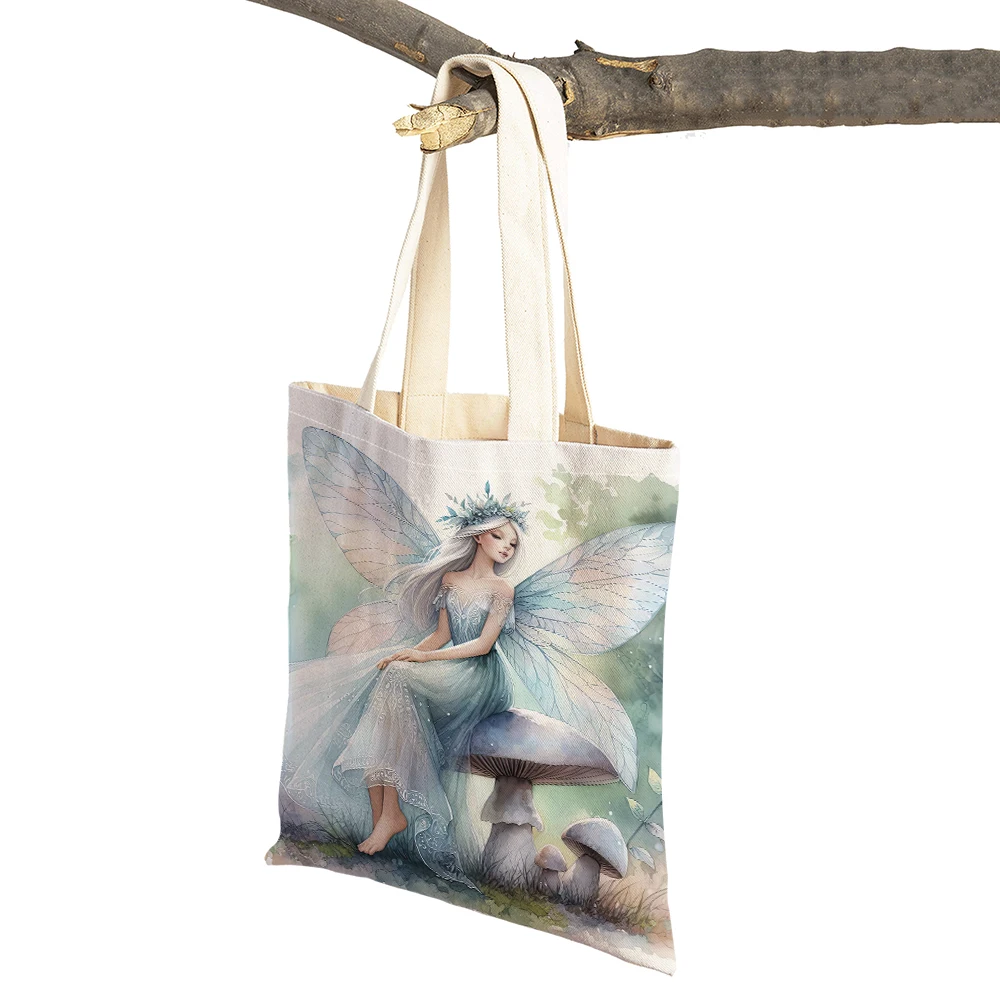 Double Print Linen Lady Handbag Fairy Angel Women Shopper Bag Fairy Tale World Shopping Bags Casual Cute Cartoon Girl Tote