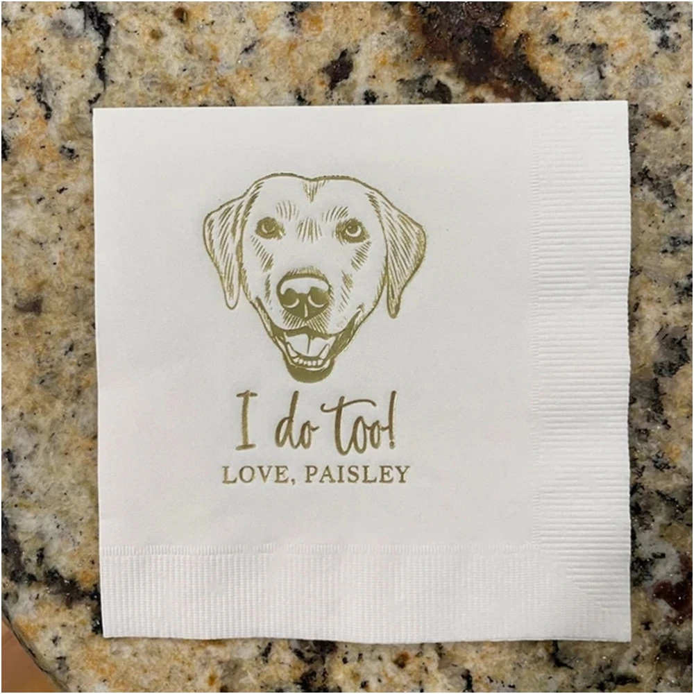 

50Pcs Personalized Illustrated Dog Wedding Cocktail Napkins, Anniversary Party Rehearsal Dinner Pet Napkins, Birthday Bar Napkin