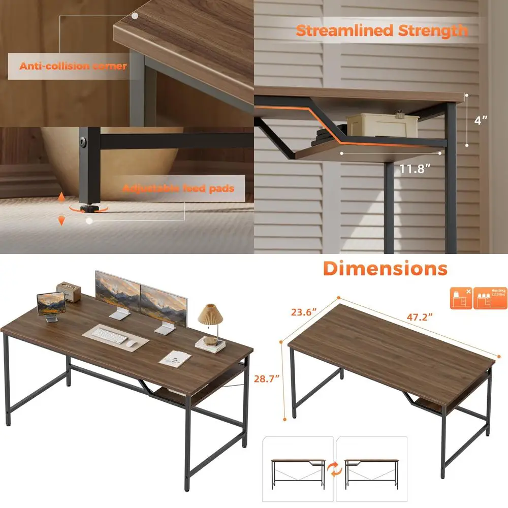 Mesa para jogos compacta 48 com prateleira, acabamento em nogueira, ideal para escritórios domésticos e espaços de estudo