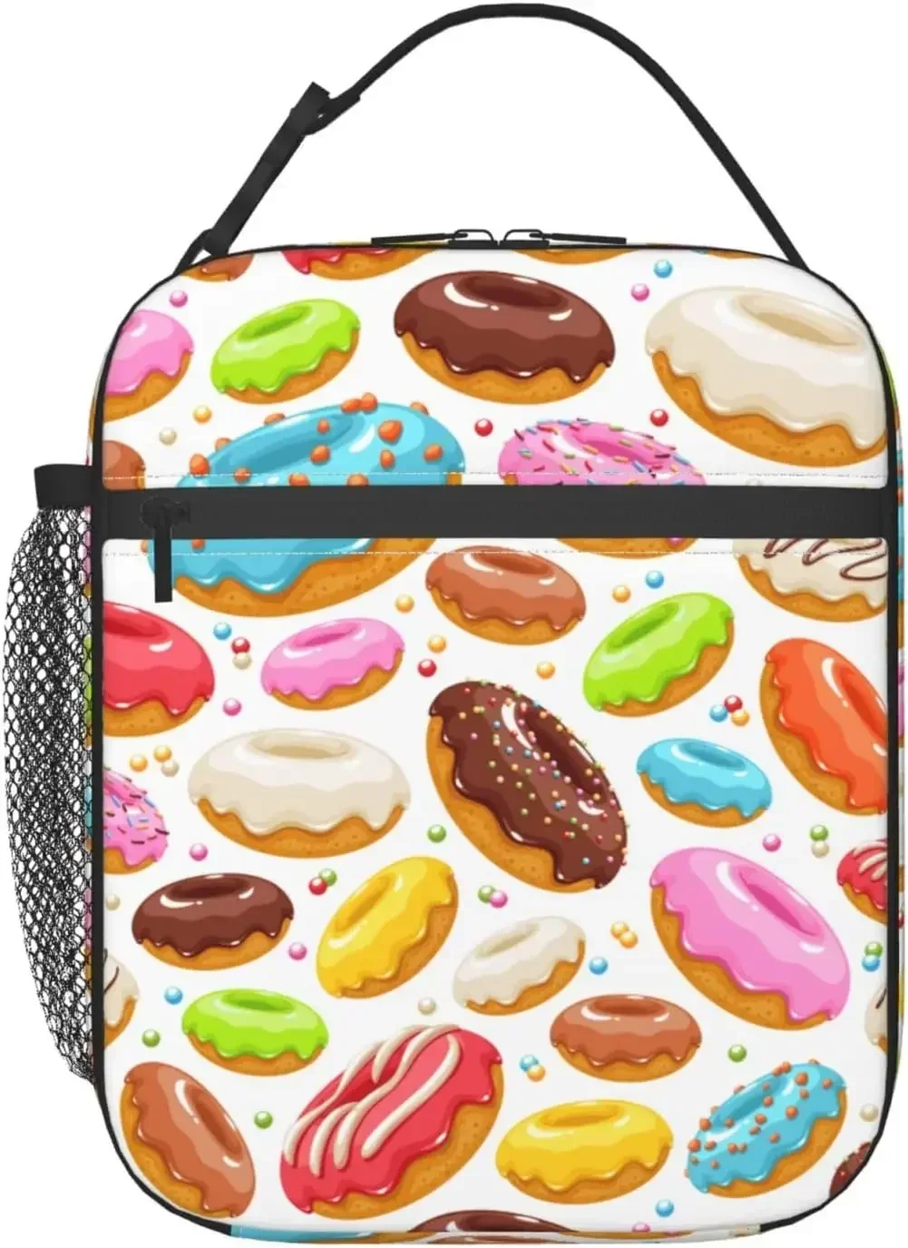 Cute Colorful Donut Insulated Reusable Lunch Box Portable Cooler Lunch Tote Bag with Side Pocket For Women Men Work Picnic