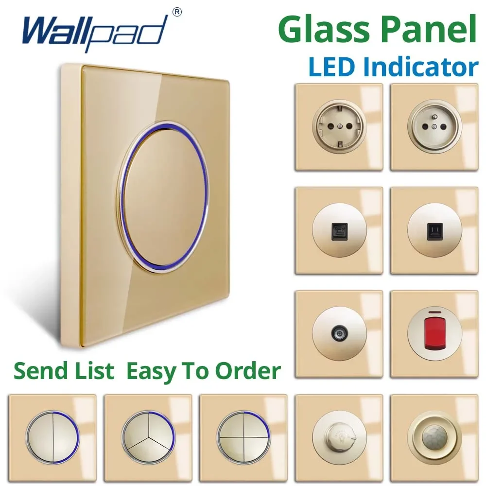 Wallpad painel de vidro dourado grande círculo azul led indicador botão interruptor de luz de parede e tomada elétrica ac 110-220v