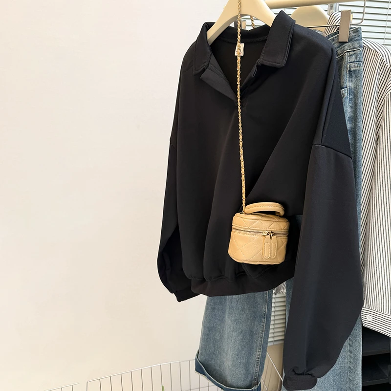 솔리드 컬러 v 넥 스웨트 다목적 세련된 긴 소매 탑 여성을위한 고급 느슨한 옷깃 간단한 풀오버