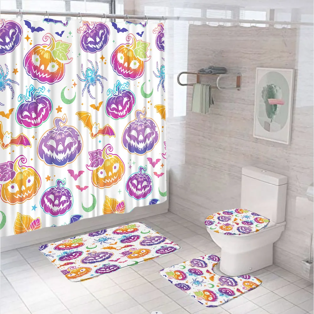 Halloween Pumpkin Bathroom Set Shower Curtain Rug Accessories Bat Spider Neon Colorful Spooky Autumn Bath Curtain Bathroom Decor