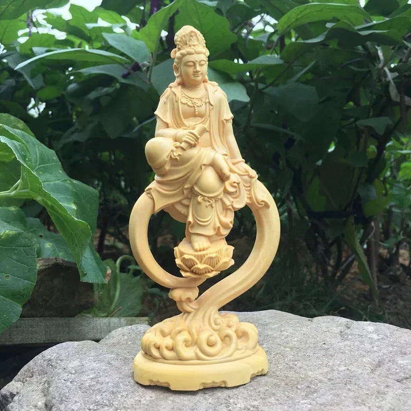 

Solid wood wave scroll Lotus Guanyin statue Modern art solid wood carving Home living room room decoration feng shui accessories