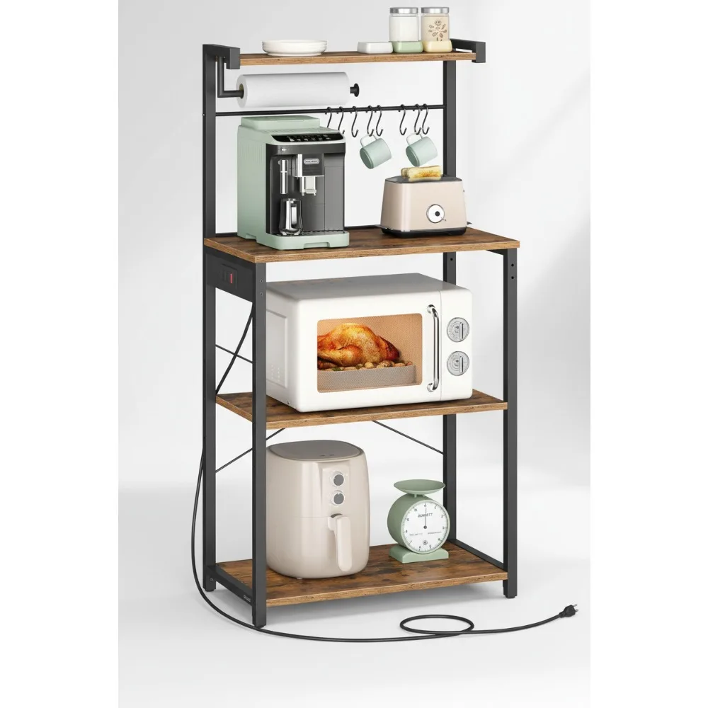

4-Tier Kitchen Bakers Rack with Power Outlet, Adjustable Shelf & S Hooks for Small Spaces, Rustic Brown
