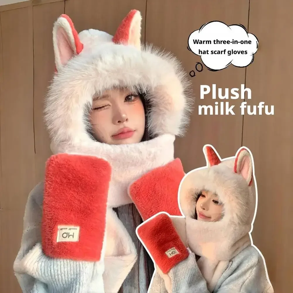 

Winter Outdoor Warm Ear Protection Scarf Plush Hat Scarf Gloves Women's Thickened One-piece Plush Hat Furry And Fashionable