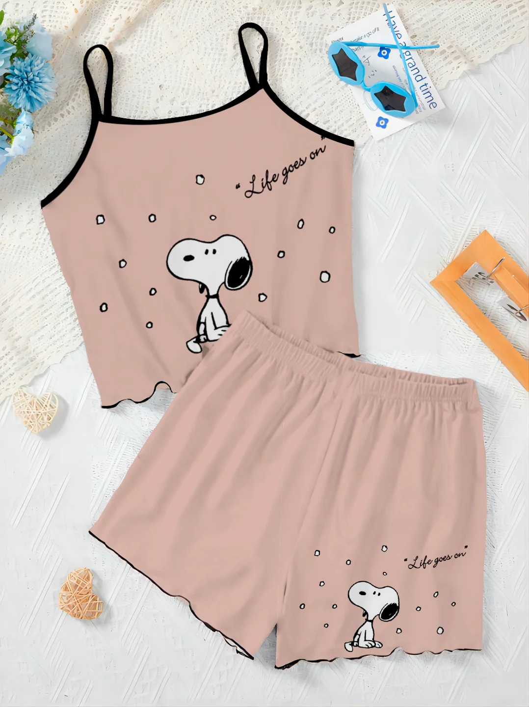 Short Sets for Women 2 Pieces Snoopy Home Dress Top Two Piece Set Disney T-shirt Lettuce Trim Elegant Women's Suit Bottom Disney