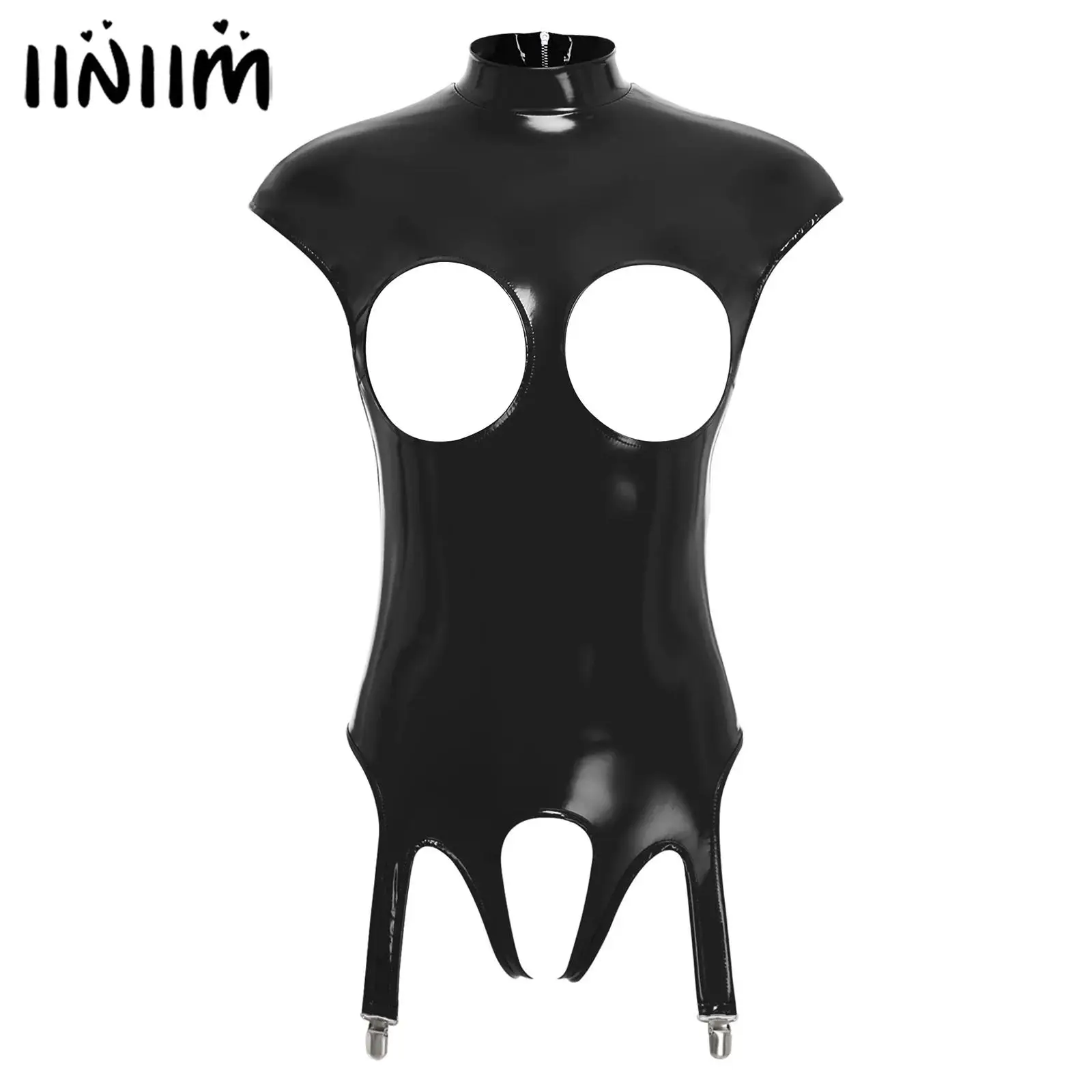 

Womens Lingerie Open Chest Open Cup Bodysuit Patent Leather Latex Catsuit Costume Bare Breast Exposed Bodycon Bodysuit Dresses