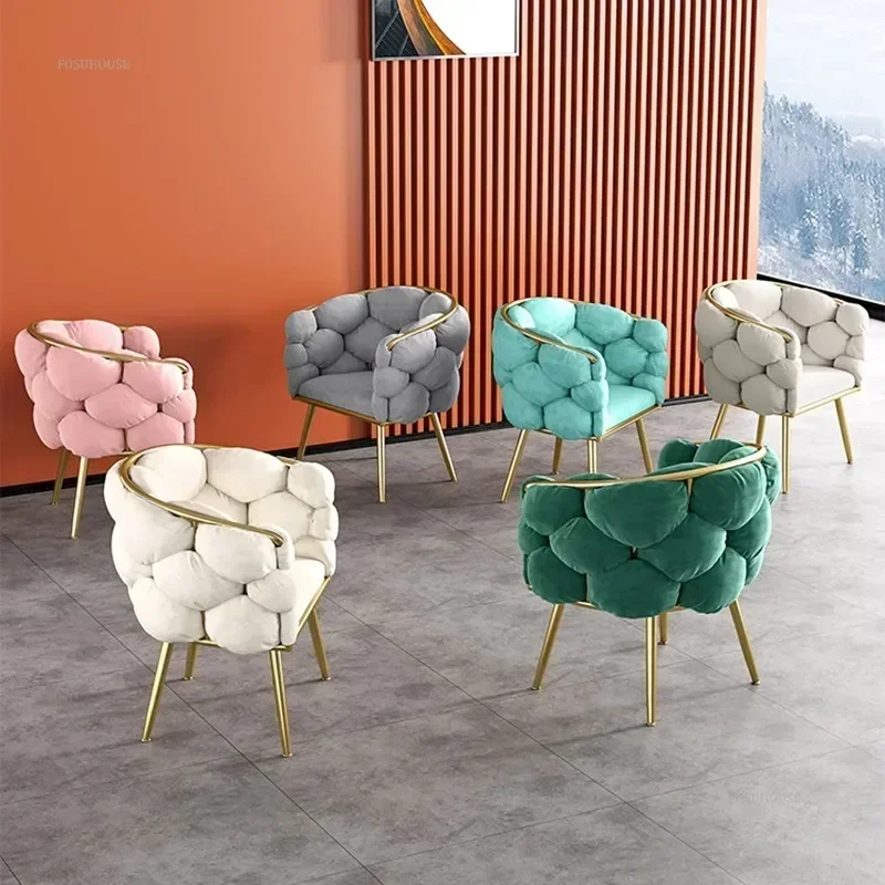 Nordic Metal Living Room Chair for Living Room Soft Upholstered Backrest Chair Luxury Household Armchairs for Nail Salon