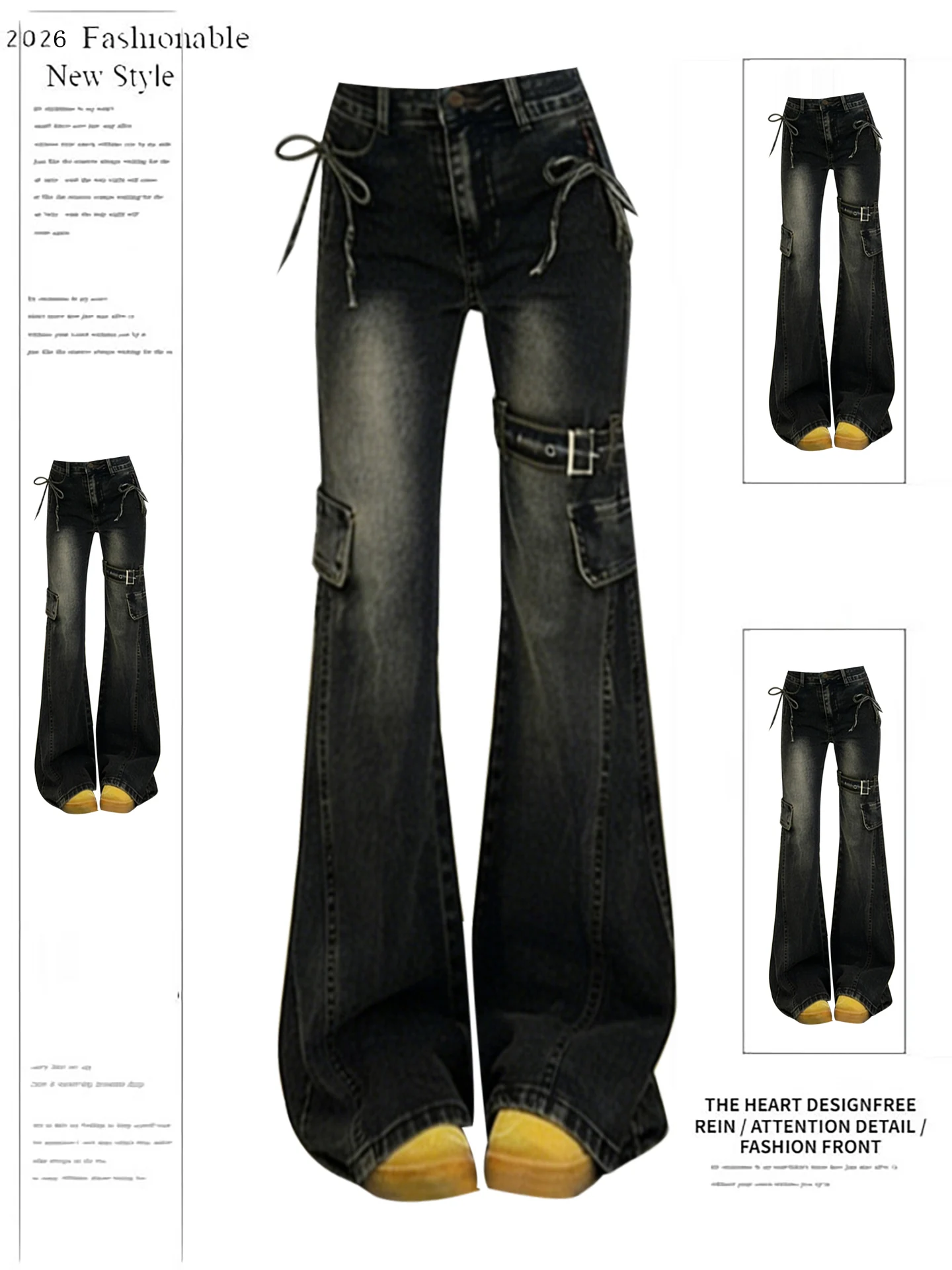 

American Sle High Waist Bell Bot Denim Jeans Women's Spring Autumn New Sle Slimming Knot Tie Waist Jeans