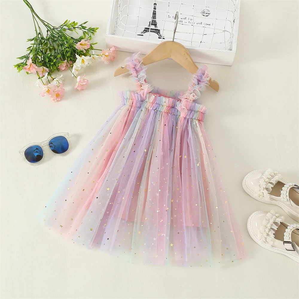 Summer Children's Clothing New Girls' Rainbow Square Neck Suspender Sleeveless Starry Sky Mesh Princess Party Fluffy Skirt