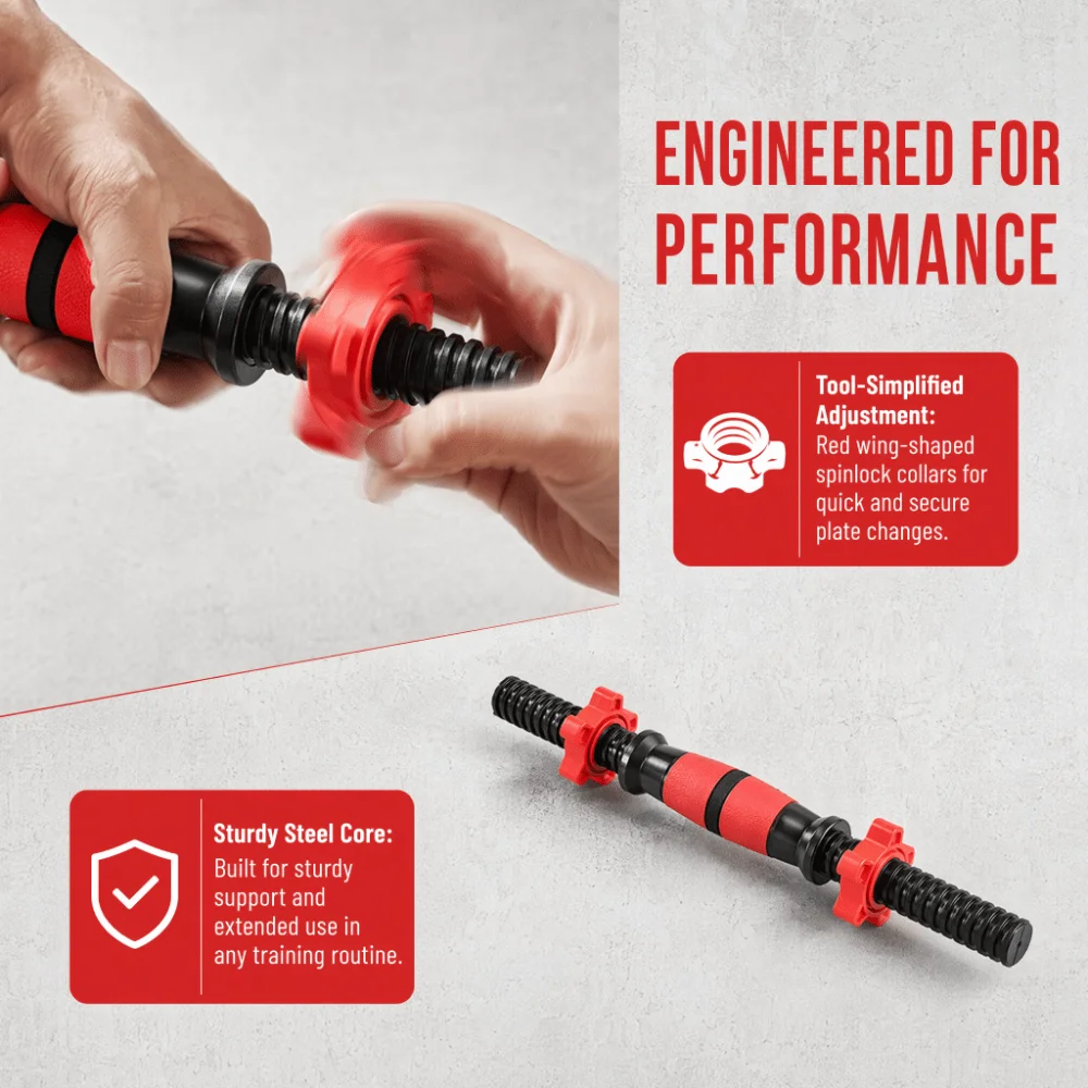3PCS Steel Dumbbell Handle Set Threaded Ends Anti-Slip Grip Weight Bar Set Spinlock Collars PVC Grip Black and Red Dumbbell