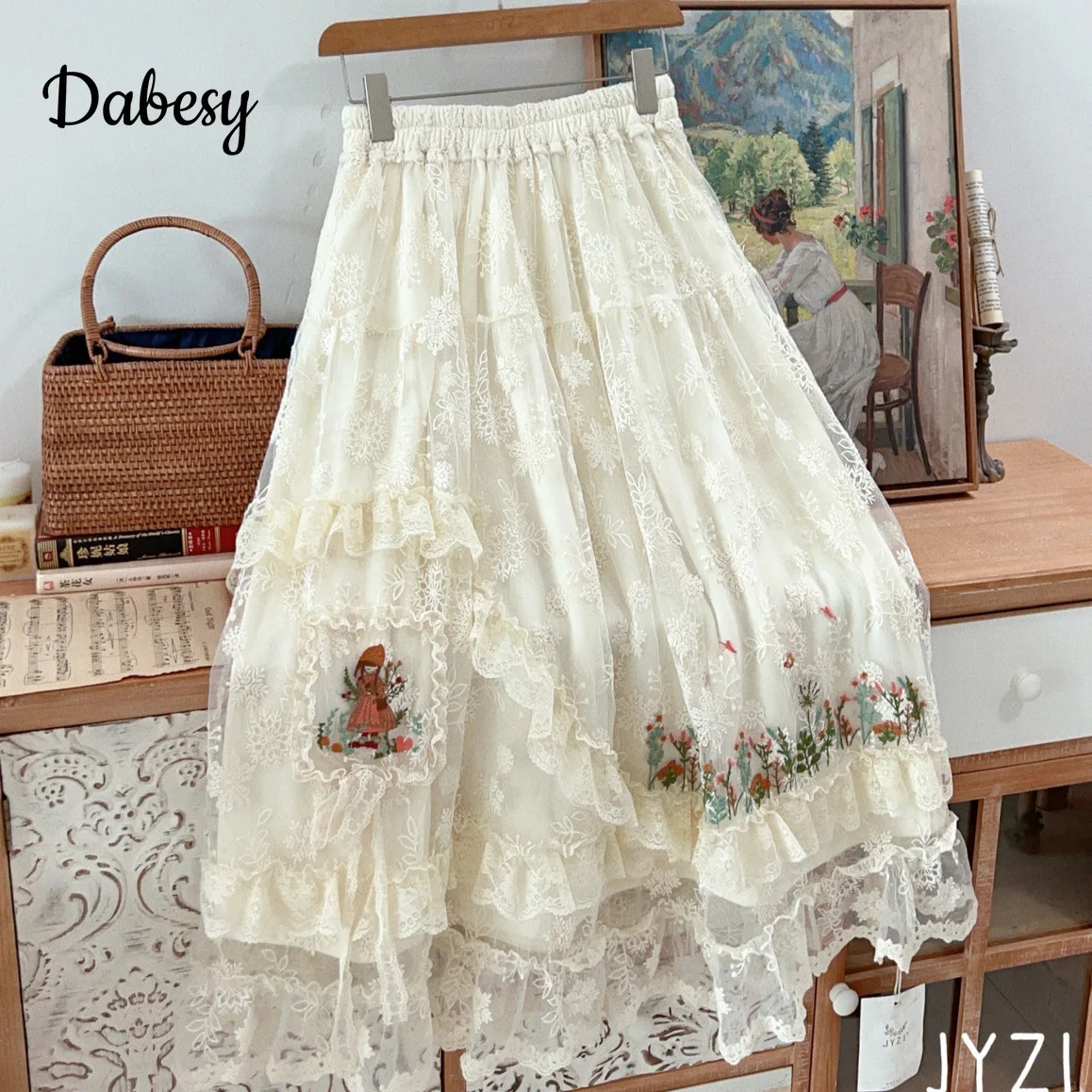 

Sweet Lace Embroidery Skirts Women Vintage Ruffled High Waist Kawaii Pleated Long Skirt Female Japan Mori Faldas Mujer Faldones