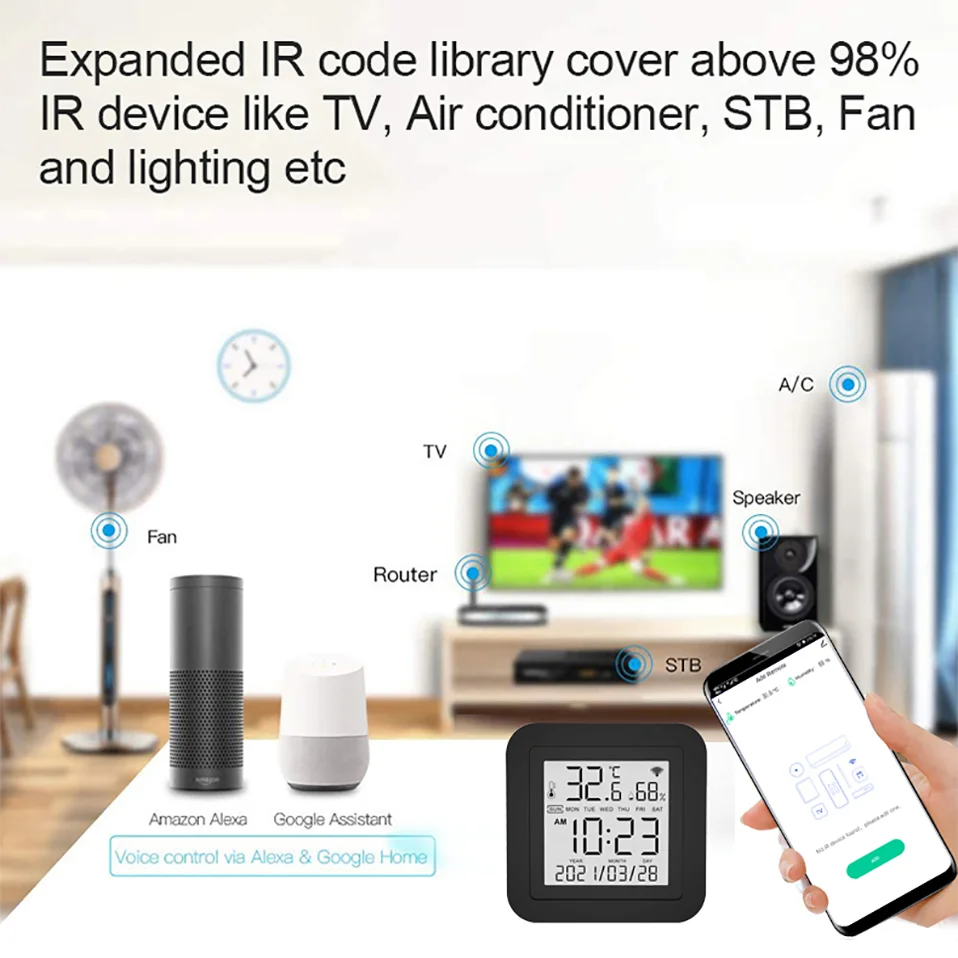 Tuya Smart Universal IR Remote with Temperature Humidity Sensor for Air Conditioner TV AC Works with Alexa Google Home Yandex