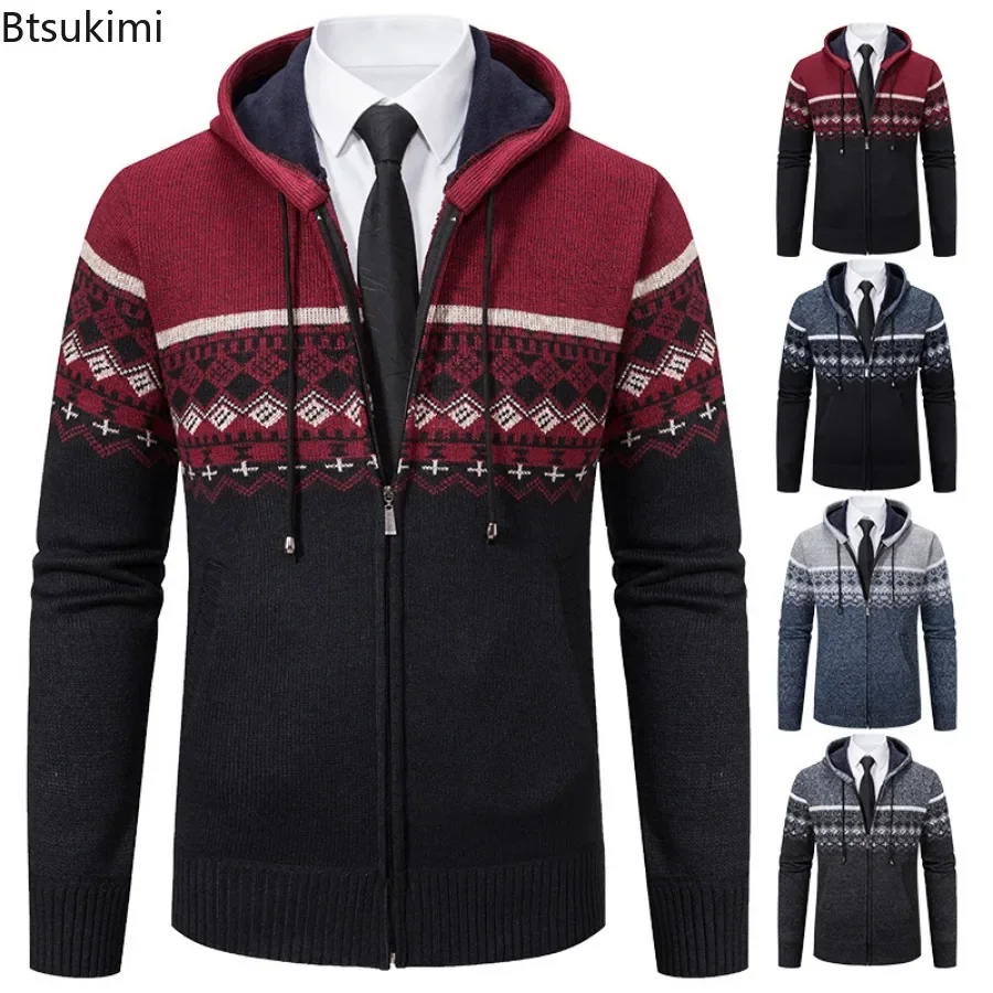 

New Men's Winter Thickened Knit Cardigan Fashion Jacquard Hooded Knitwear Sweater Jackets Man Casual Business Warm Sweater Coats