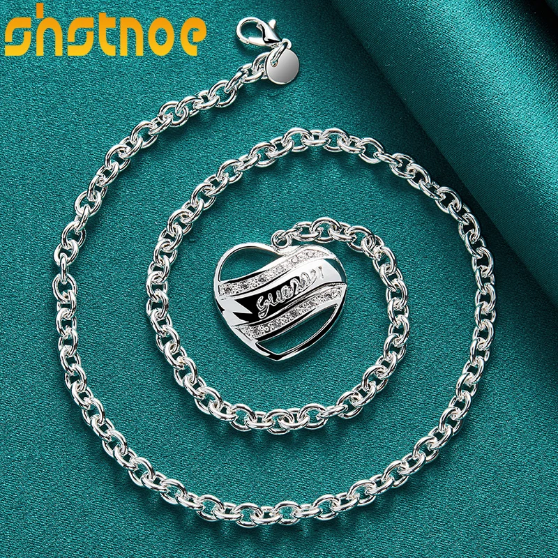 

SHSTONE Hot 925 Sterling Silver 18 Inch Heart Chain Pendant Necklace For Women Man Engagement Wedding Fashion Charm Jewelry Gift