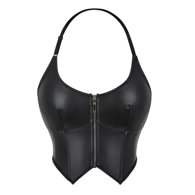 Faux Leather Corset Women Crop Top Zip Women Gothic Steampunk Bustier with Halter Strap Vest