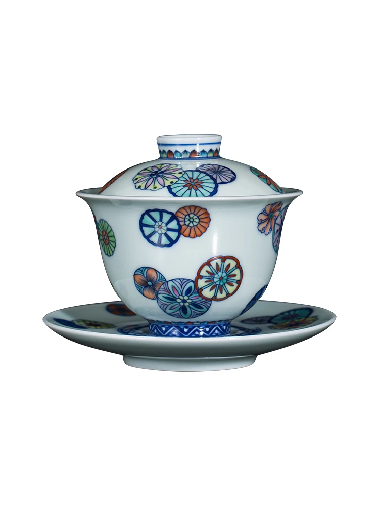 Zhongjiayao Sancai Gaiwan Jingdezhen Handmade Hand-painted Firewood Kiln Blue And White Doucai Leather Ball Flower Bowl Tea